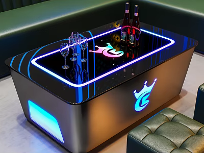 Modern Black Coffee Table With LED Light Strips Glowing Logo Wine Bottles And Glasses 3d model