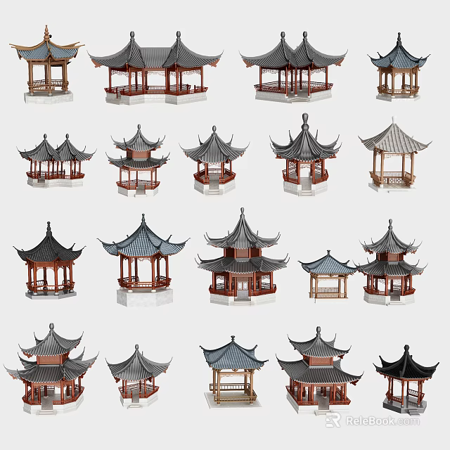 Multiple Chinese Traditional Pavilions Featuring Different Classic Architectural Designs And Styles 3d model 
