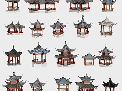 Multiple Chinese Traditional Pavilions Featuring Different Classic Architectural Designs And Styles 3d model