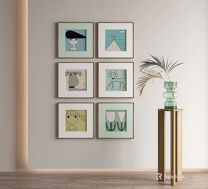 Abstract Paintings Display On Light Wall With Vase Plant 3d model