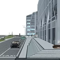 Modern Commercial District Street View With Glass Buildings And Parked Cars