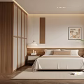 Modern Bedroom Interior Featuring Platform Bed Wooden Nightstand Decorative Artwork And Large Window Rug