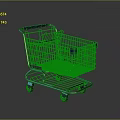 Sturdy Metal Shopping Cart With Blue Handle Wheels On Gray Reflective Background