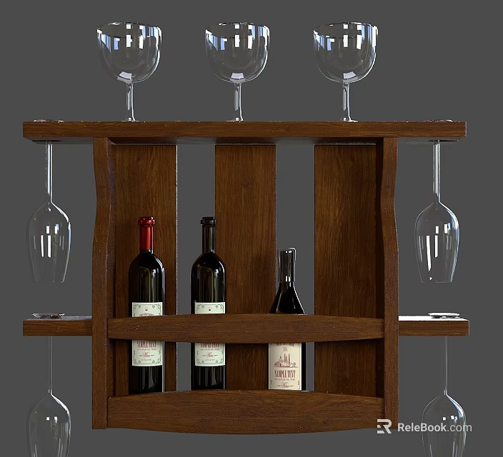 Wooden Wine Cabinet With Shelves Holding Wine Bottles And Hanging Glasses 3d model 