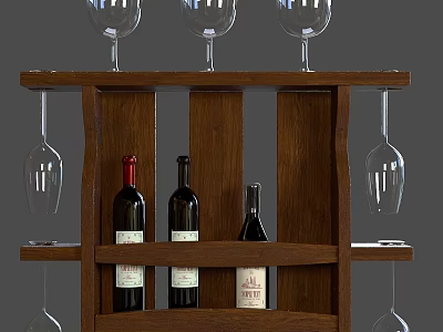 Wooden Wine Cabinet With Shelves Holding Wine Bottles And Hanging Glasses 3d model