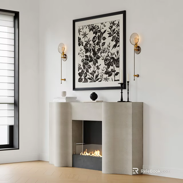 Modern Concrete Fireplace Interior With Black White Artwork Wall Sconces And Flames 3d model