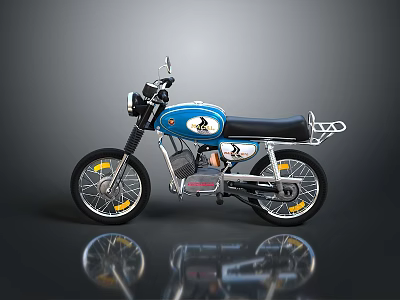Vintage Blue Classic Motorcycle with Black Leather Seat Yellow Rimmed Wheels and Chrome Accents 3d model