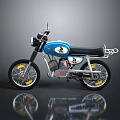 Vintage Blue Classic Motorcycle with Black Leather Seat Yellow Rimmed Wheels and Chrome Accents