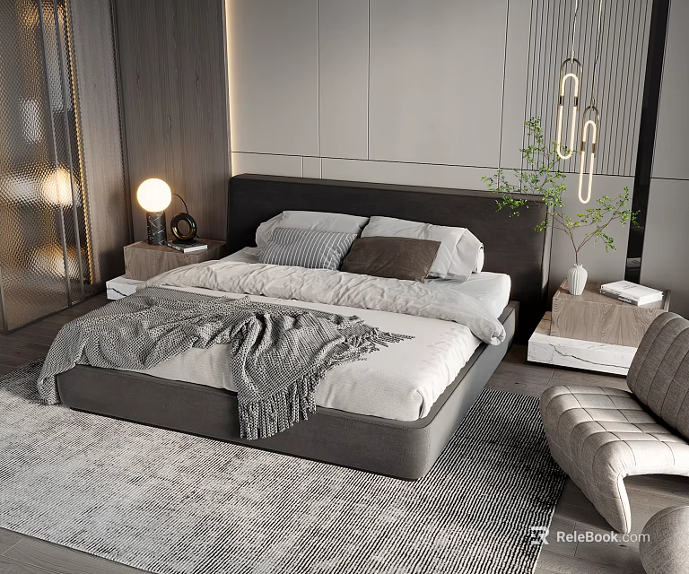 Modern Double Bed with Dark Headboard White Bedding Gray Throw Pillows Nightstand and Hanging Lights 3d model 