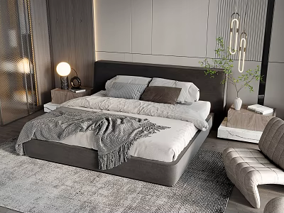 Modern Double Bed with Dark Headboard White Bedding Gray Throw Pillows Nightstand and Hanging Lights 3d model