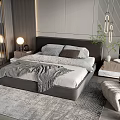Modern Double Bed with Dark Headboard White Bedding Gray Throw Pillows Nightstand and Hanging Lights