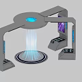 Futuristic Display Shelf With Blue Light Circular Base Digital Screens And Control Panels