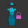 Elegant Blue Dress And Hat With Pink Handbag And Flower Accent