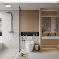 Modern Bathroom Interior Design With Glass Shower Wooden Cabinets Vanity Mirror And Window Blinds