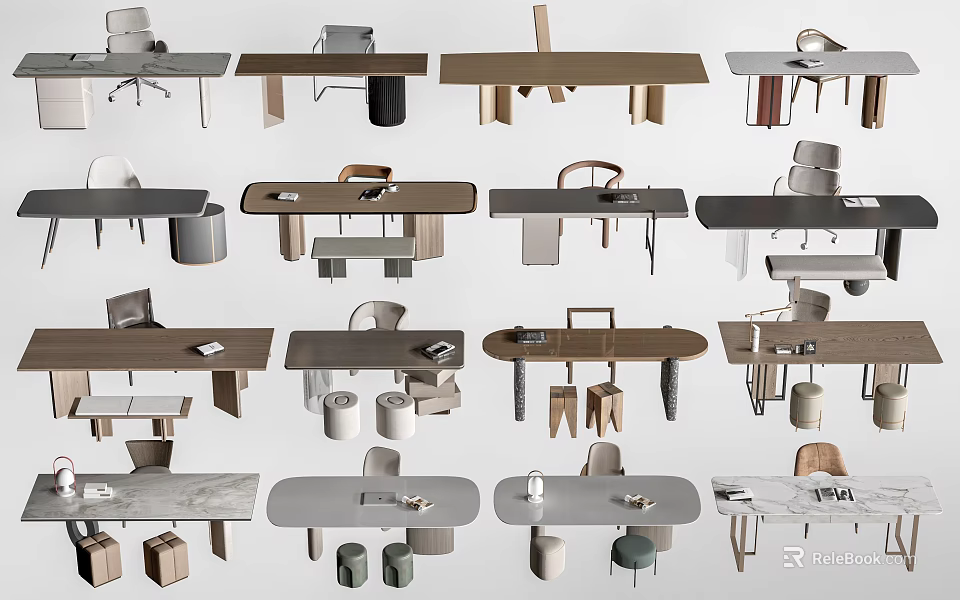 Modern Desk Design Collection With Wooden And Marble Tops And Matching Chairs Plus Accessories 3d model 