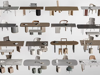 Modern Desk Design Collection With Wooden And Marble Tops And Matching Chairs Plus Accessories 3d model