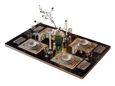 Elegant Dinnerware Set with Plates Bowls Cutlery Glassware Candles and Decorative Greenery 3d model