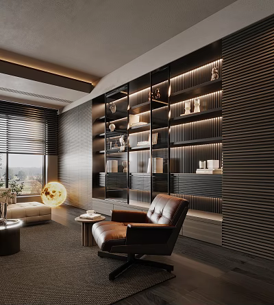 Modern Living Room Interior With Leather Armchair Round Floor Lamp And Dark Display Shelves 3d model