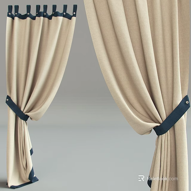 Beige Fabric Curtains With Navy Blue Tiebacks For Modern Home Decor 3d model 