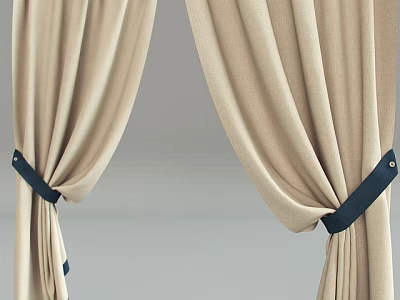 Beige Fabric Curtains With Navy Blue Tiebacks For Modern Home Decor 3d model
