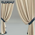 Beige Fabric Curtains With Navy Blue Tiebacks For Modern Home Decor