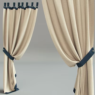 Beige Fabric Curtains With Navy Blue Tiebacks For Modern Home Decor 3d model