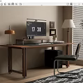 Modern Wooden Desk and Chair Set with Monitor Lamp Plant and Office Accessories