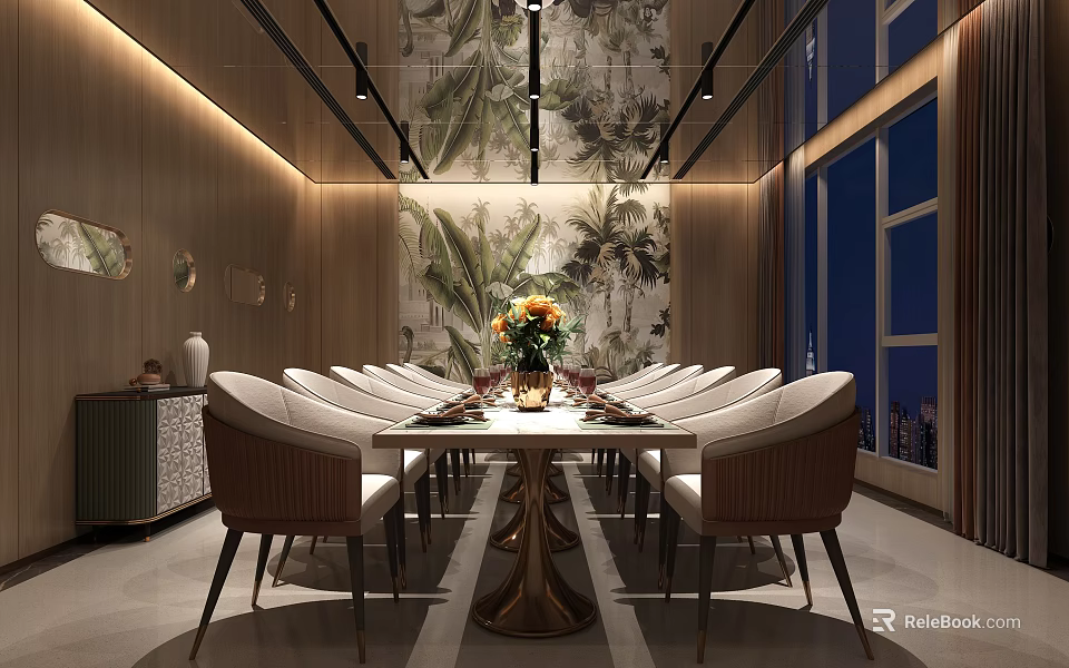 Elegant Modern Private Dining Room With Long Table Floral Arrangement And Botanical Wall Decor 3d model 