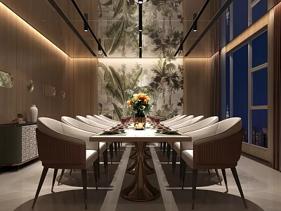 Elegant Modern Private Dining Room With Long Table Floral Arrangement And Botanical Wall Decor 3d model