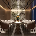 Elegant Modern Private Dining Room With Long Table Floral Arrangement And Botanical Wall Decor