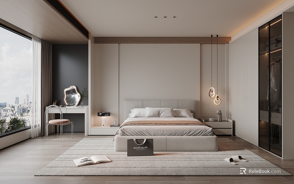 Modern Bedroom Interior Design With Bed Nightstands Pendant Lights And Area Rug 3d model 