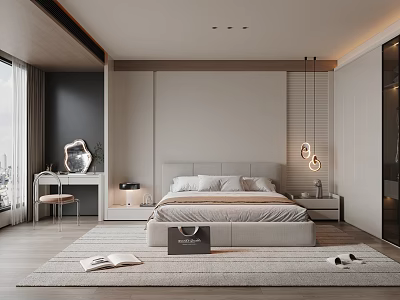 Modern Bedroom Interior Design With Bed Nightstands Pendant Lights And Area Rug 3d model