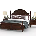 Classic Walnut Double Bed With Carved Headboard Bedside Tables And Table Lamps 3d model