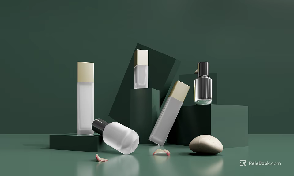 Elegant Perfume Cosmetic Bottles With Gold Black Caps On Green Display Stand And Decorative Stones 3d model 
