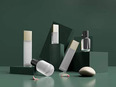 Elegant Perfume Cosmetic Bottles With Gold Black Caps On Green Display Stand And Decorative Stones 3d model