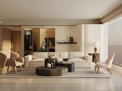 Modern Living and Dining Room Interior With Beige Sofa Coffee Table Accent Chairs And Area Rug 3d model