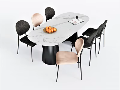 Modern Stylish Dining Table Set With Marble Tabletop Black Pink Chairs Fruit Bowl And Magazine 3d model