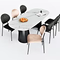 Modern Stylish Dining Table Set With Marble Tabletop Black Pink Chairs Fruit Bowl And Magazine