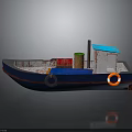 Small Blue And White Watercraft With Blue Roofed Cabin Red Green Barrels And Orange Lifebuoy