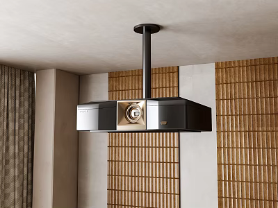 Ceiling Mounted Projector In Modern Interior With Wooden Slat Panels And Curtains 3d model