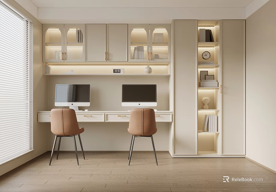 Modern Study Room With Double Computer Monitors Beige Chairs And Built In Bookshelves 3d model 