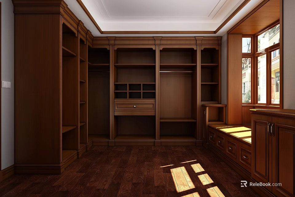 Traditional Wooden Wardrobe Design with Multiple Shelves Drawers and Natural Sunlight 3d model 