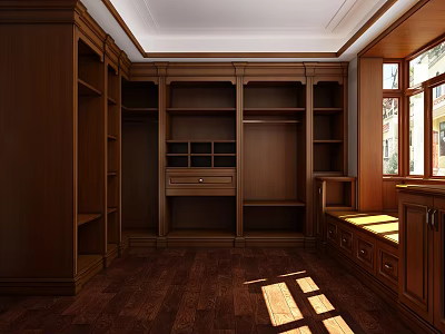 Traditional Wooden Wardrobe Design with Multiple Shelves Drawers and Natural Sunlight 3d model