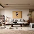 Modern Living Room Interior With Round Sofa Coffee Table Artwork And Patterned Rug 3d model