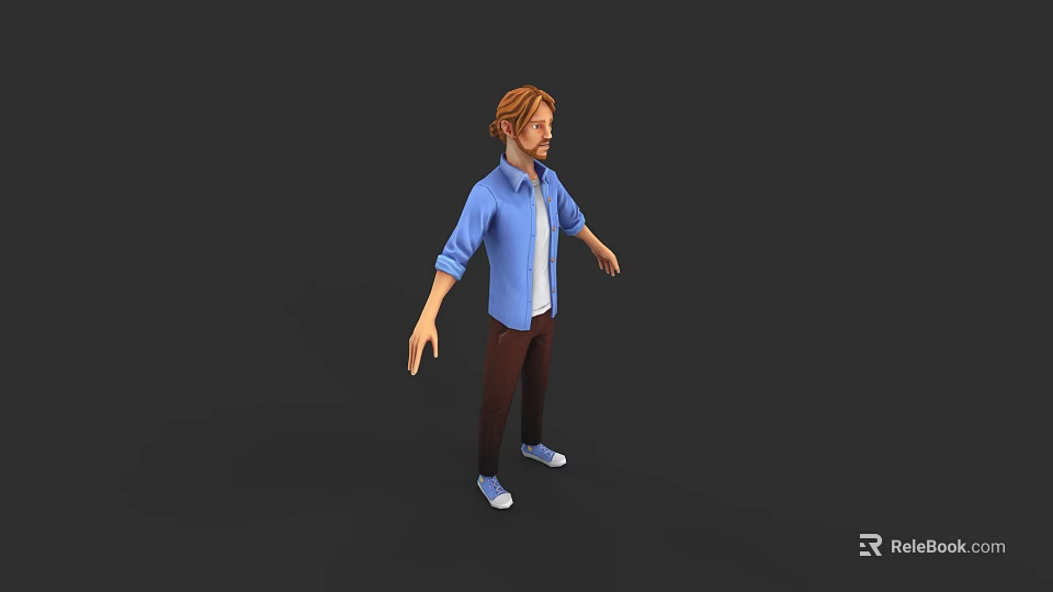 3D Game Character Male With Brown Hair Beard Blue Shirt White Top Brown Pants Shoes 3d model 