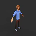 3D Game Character Male With Brown Hair Beard Blue Shirt White Top Brown Pants Shoes