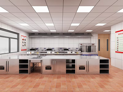 Professional Commercial Catering Kitchen With Stainless Steel Workstations Stoves Ceiling Lights And Ceramic Tile Floor 3d model