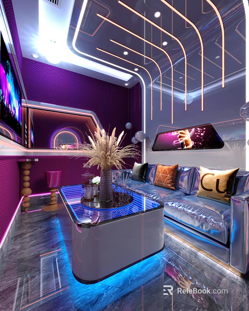 Stylish Modern KTV Lounge with Purple Lighting Sofa TV Screens and Coffee Table 3d model 