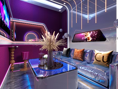 Stylish Modern KTV Lounge with Purple Lighting Sofa TV Screens and Coffee Table 3d model