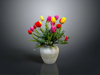 Gray Carved Vase Sculpture with Red Yellow Pink Tulips in Gray Background 3d model